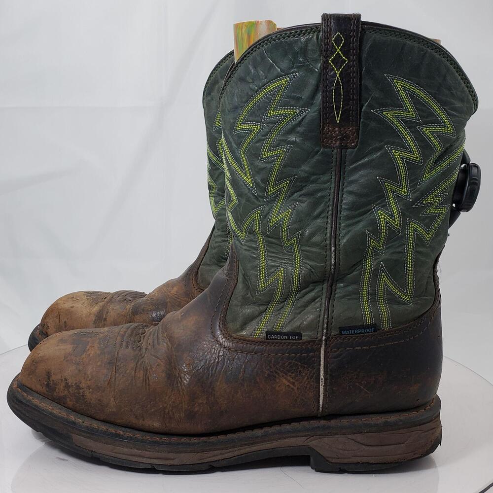 Ariat Western Work Boots Men 10 EE Brown Green Leather Carbon Toe Waterproof